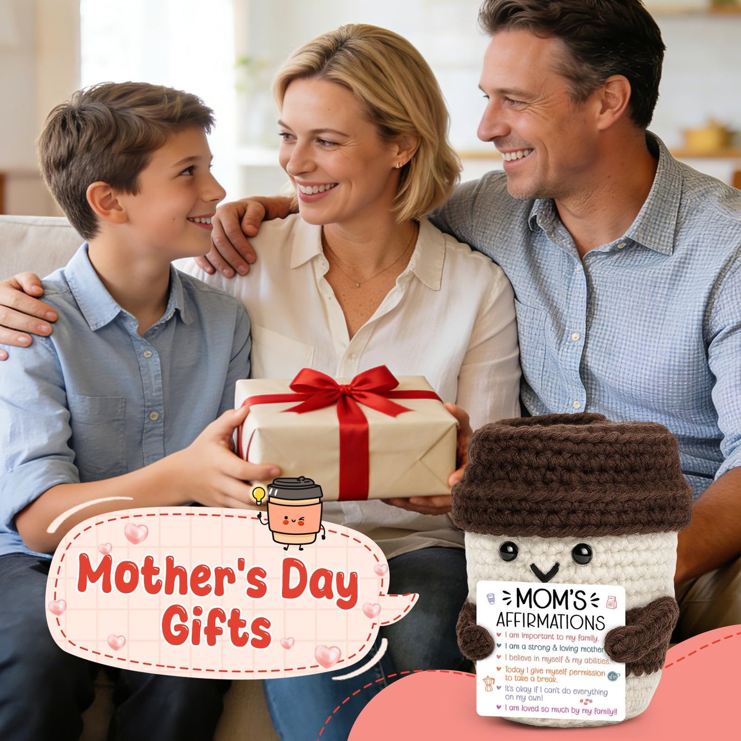 Agantree art Birthday Mom Gifts from Daughter Son Best Mom Affirmations Gifts for Mama Bonus Step Moms Mother Handmade Crochet Coffee Mug I Love You Gifts for Mom Positive Cute Small Decor