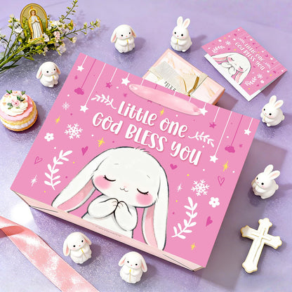 Large Baptism Gift Bags for Girls, Bunny Pray Pink Christening Gift Cross Gift Bag with Tissue Paper Card Little One God Bless You Religious First Holy Communion Wrapping Paper for Baby Girl Baptisms