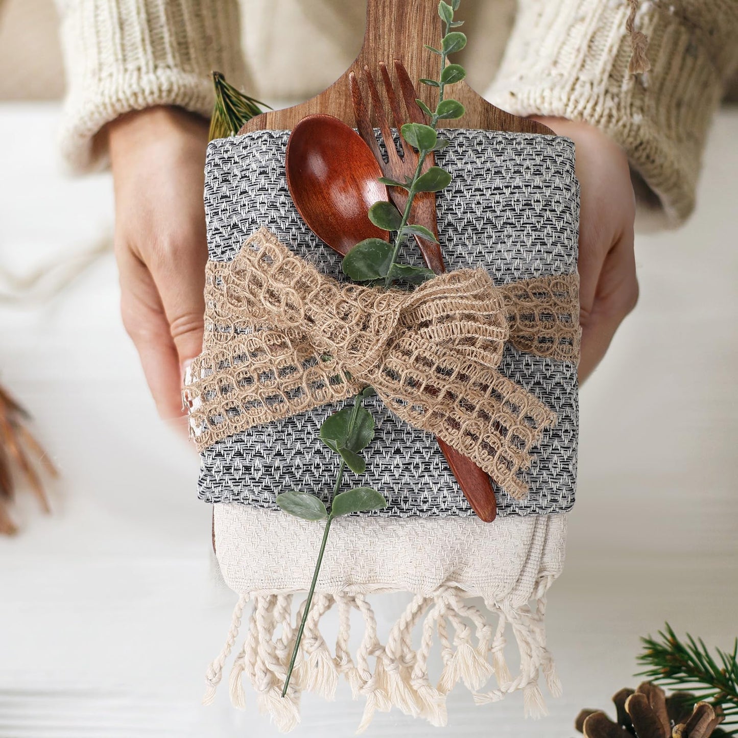 Reallnaive 6 Pcs Hostess Gifts Set for Women Housewarming Gifts Include Cutting Board Cotton Turkish Hand Towel Spoon Fork Eucalyptus Stem and Hemp Rope for Wedding Party Newlywed Homeowner Kitchen