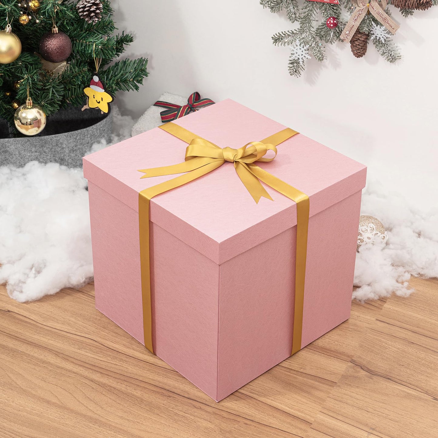 Mefleet Large Gift Box with Lid for Presents 12x12x12 Inches Extra Big Deep Square Pink Boxes 1 Pack for Christmas, Birthday, Valentine's Day, Mother's Day - Contains Crinkle Paper, Ribbon and Card