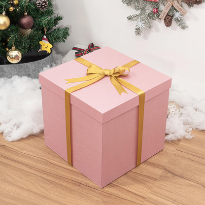 Mefleet Large Gift Box with Lid for Presents 12x12x12 Inches Extra Big Deep Square Pink Boxes 1 Pack for Christmas, Birthday, Valentine's Day, Mother's Day - Contains Crinkle Paper, Ribbon and Card