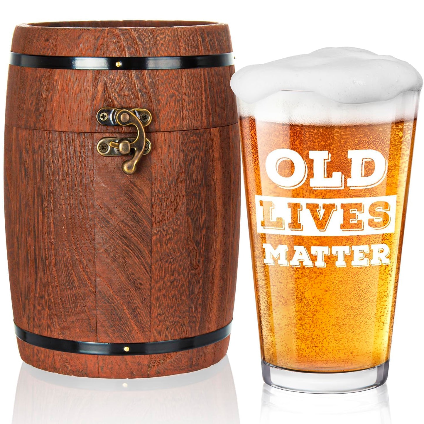LIGHTEN LIFE Old Lives Matter Beer Glass 16 oz,Unique Old Man Gifts Pint Glass in Valued Barrel Box,Birthday or Retirement Beer Glass Gfit for Dad,Grandpa,Senior Citizen,Old Men