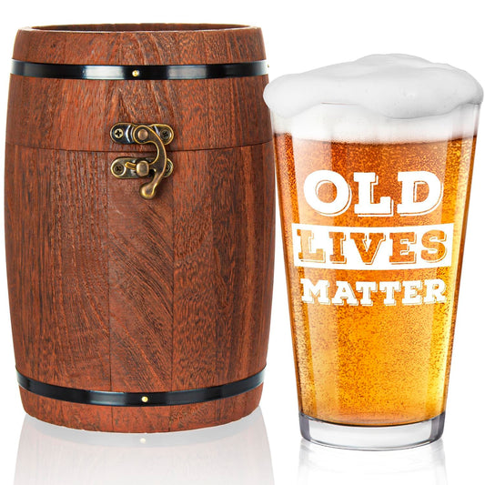 LIGHTEN LIFE Old Lives Matter Beer Glass 16 oz,Unique Old Man Gifts Pint Glass in Valued Barrel Box,Birthday or Retirement Beer Glass Gfit for Dad,Grandpa,Senior Citizen,Old Men