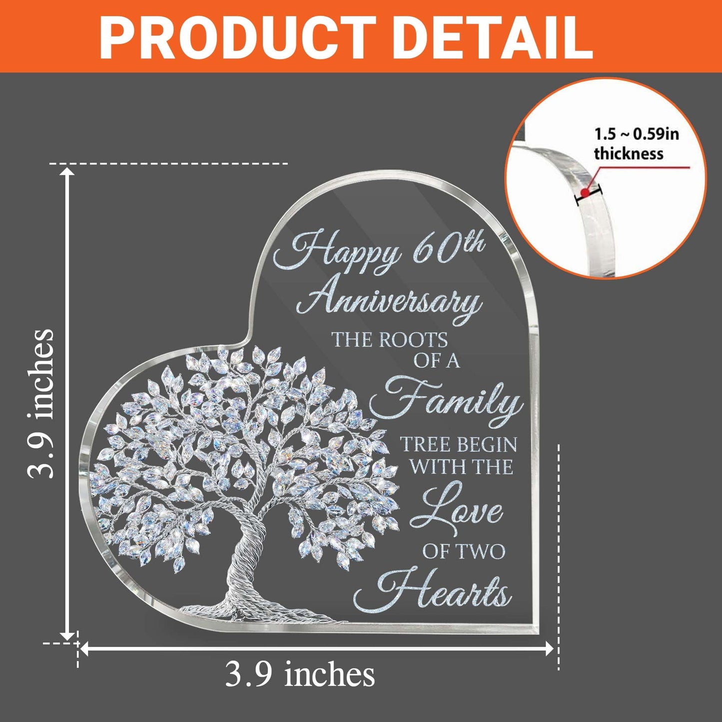 60th Wedding Anniversary Heart Acrylic Plaque, 60th Diamond Wedding Cake Topper Decorations, 60 Years Of Married Gifts For Parents or Grandparents, Tree of Life Anniversary Wedding Gifts for Couples
