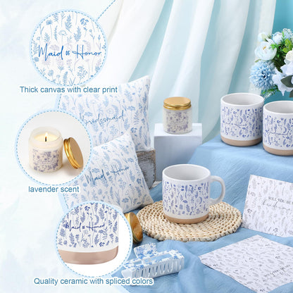 Nuanchu 25 Pcs Wedding Bridesmaid Proposal Gifts Maid of Honor Something Proposal Gift Ceramic Cup Bridesmaid Makeup Bag Invited Card Hair Claw Clip Lavender Scented Candle for Bridal Party(Blue)