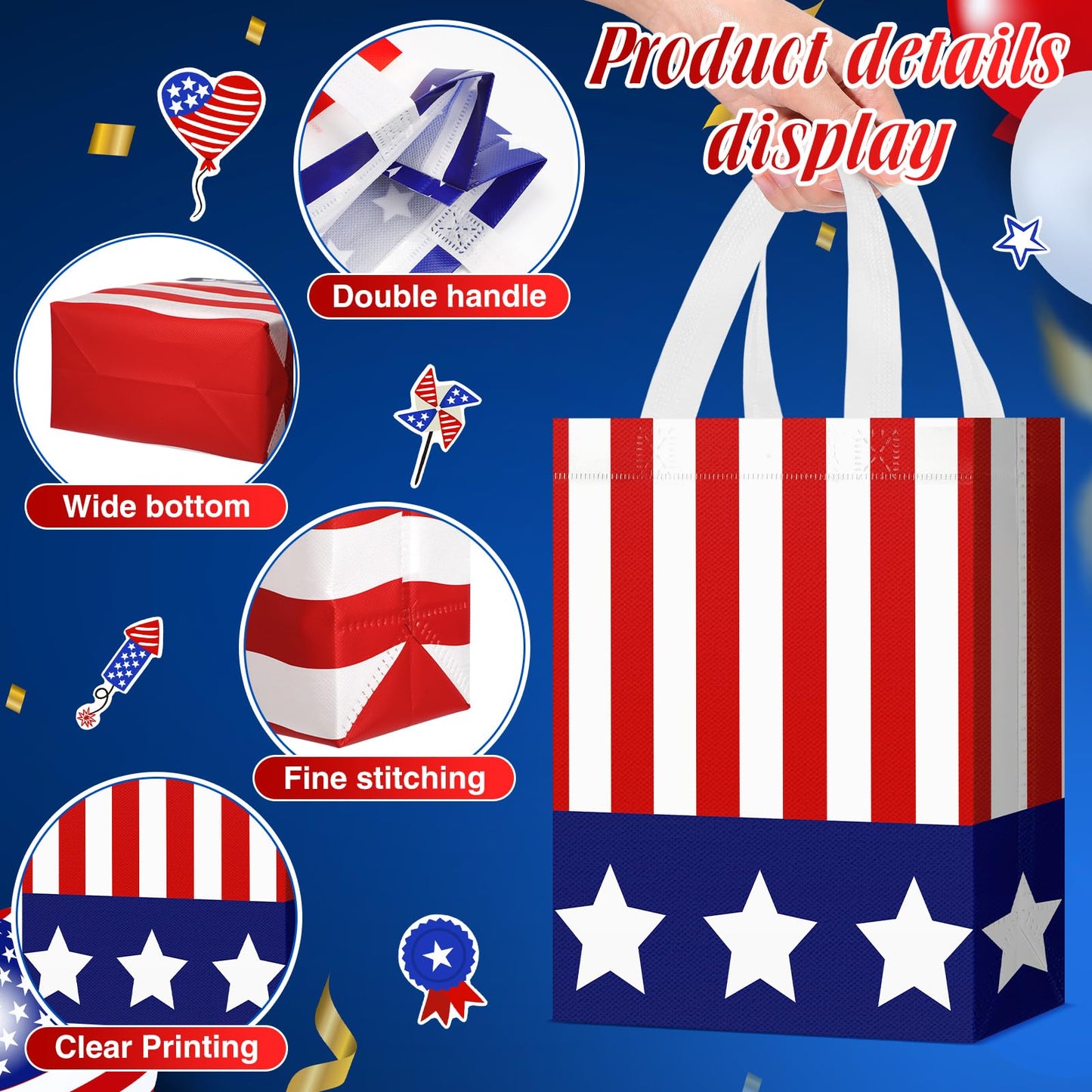 Locmeo 24 Pcs 4th of July Patriotic Party Favor Bags with Handles Reusable Non Woven American Flag Goodie Bags Independence Day Gift Bag for Girl Boy Birthday Memorial Party Supplies, 8 x 4 x 10 Inch