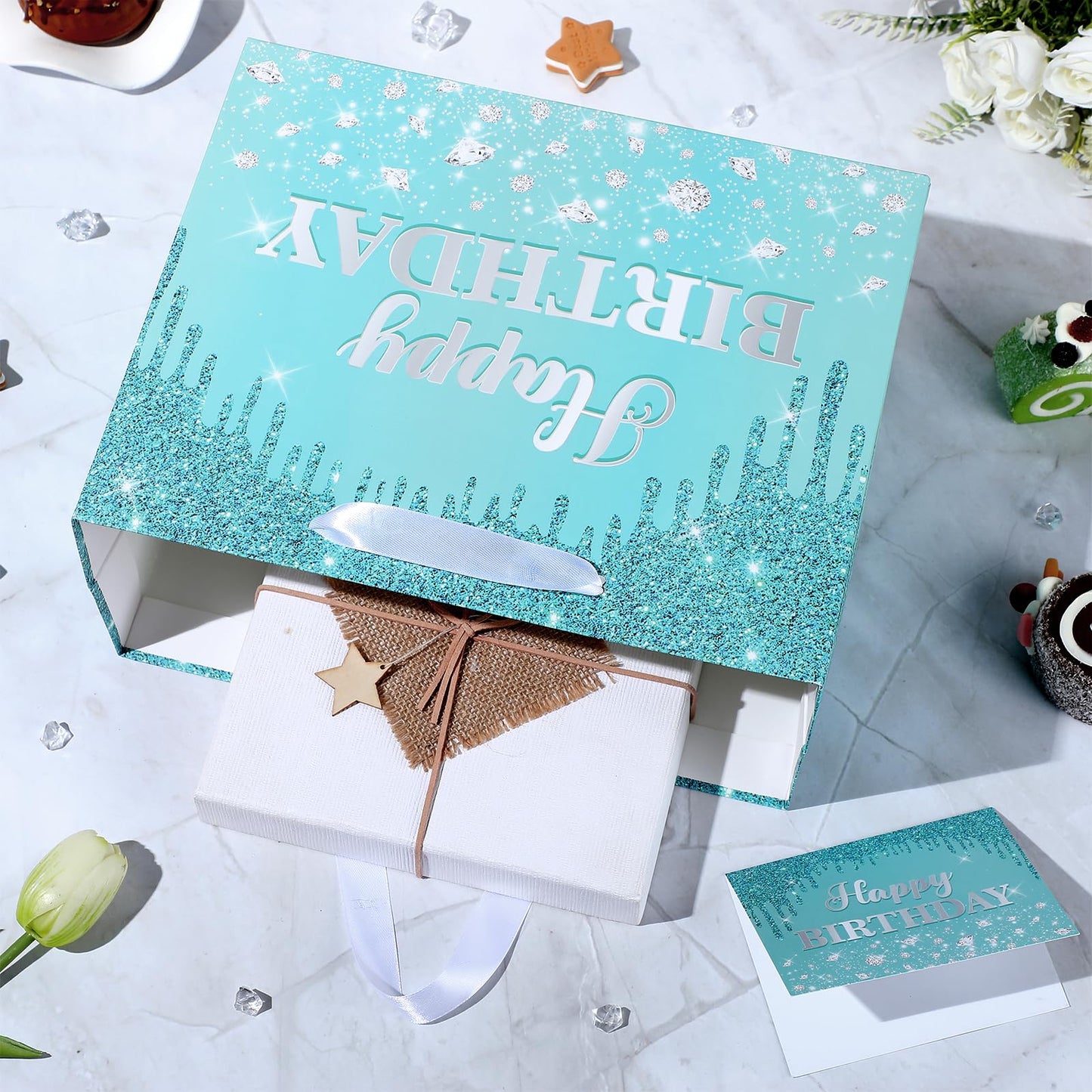 Yoirrat Teal Blue Birthday Gift Bag for Girls Women Large Glitter Happy Birthday Bag with Wrapping Tissue Paper and Card for Ice Princess Ocean Bday Party Supplies Present