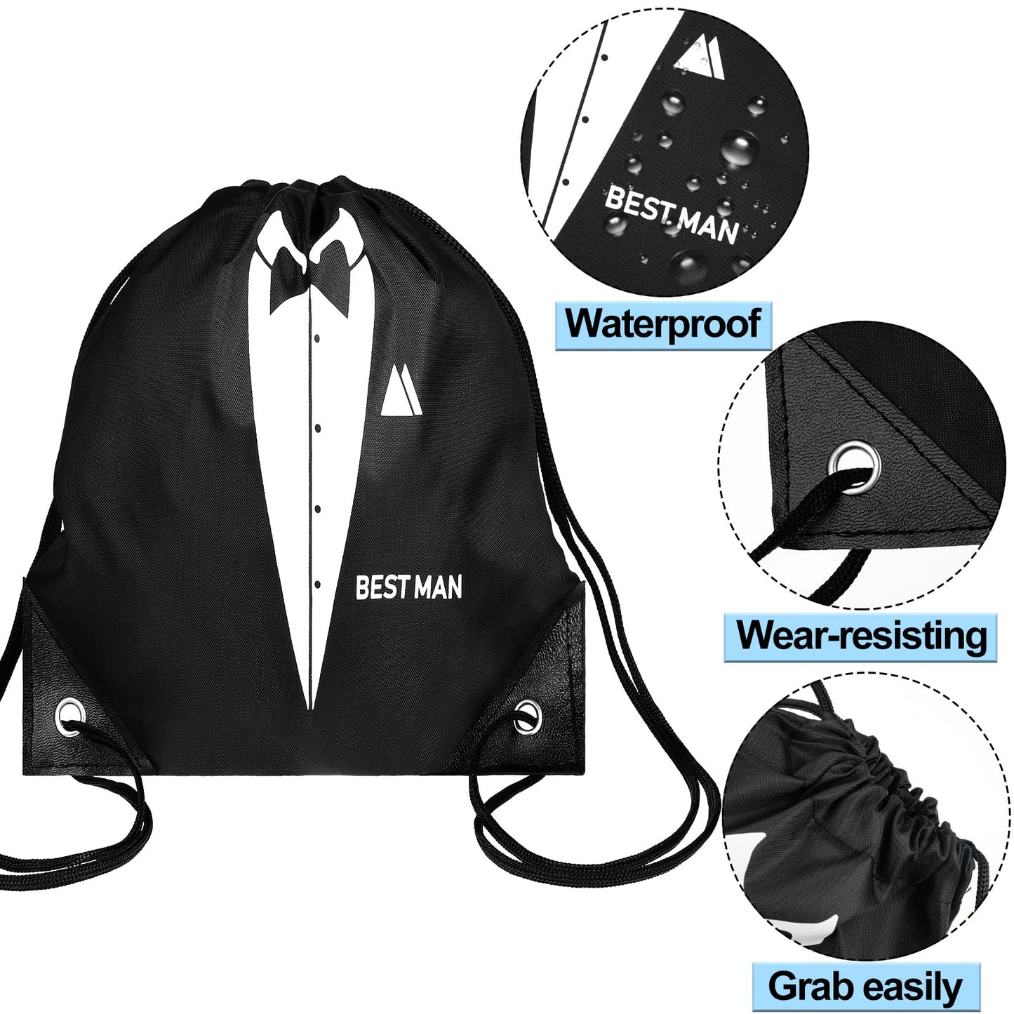 Shappy 7 Pack 9 x 9.9 Inches Groomsmen Gifts Bags for Wedding Party Favor Bags with Drawstring Black Bachelor Present Set for Groomsman Proposal Father's Birthday Anniversary Boss Party Supplies