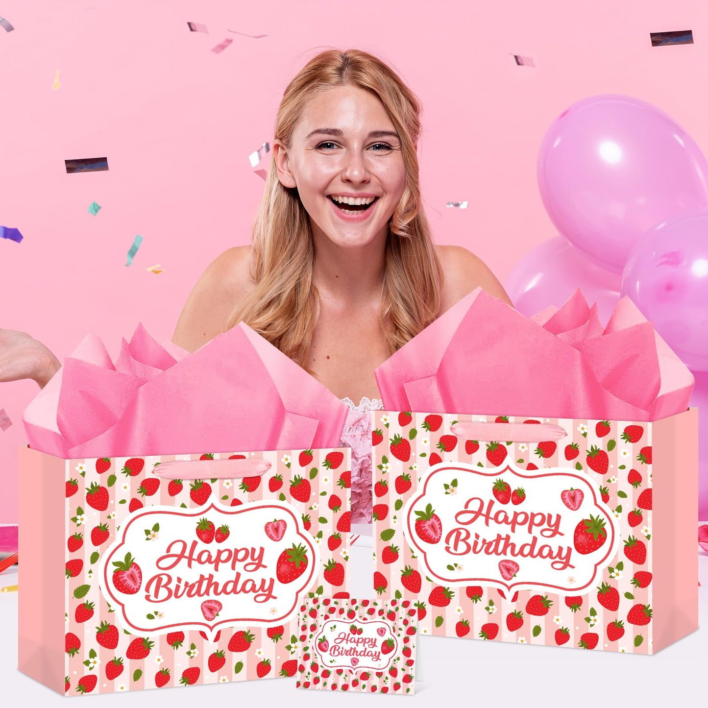 Hooqict Large Strawberry Birthday Gift Bag Pink Happy Birthday Gift Wrapping Bag with Handles, Tissue Paper, Greeting Card for Girls Kids Women Sweet Strawberry Party Decorations Supplies