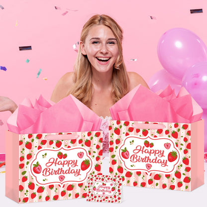 Hooqict Large Strawberry Birthday Gift Bag Pink Happy Birthday Gift Wrapping Bag with Handles, Tissue Paper, Greeting Card for Girls Kids Women Sweet Strawberry Party Decorations Supplies