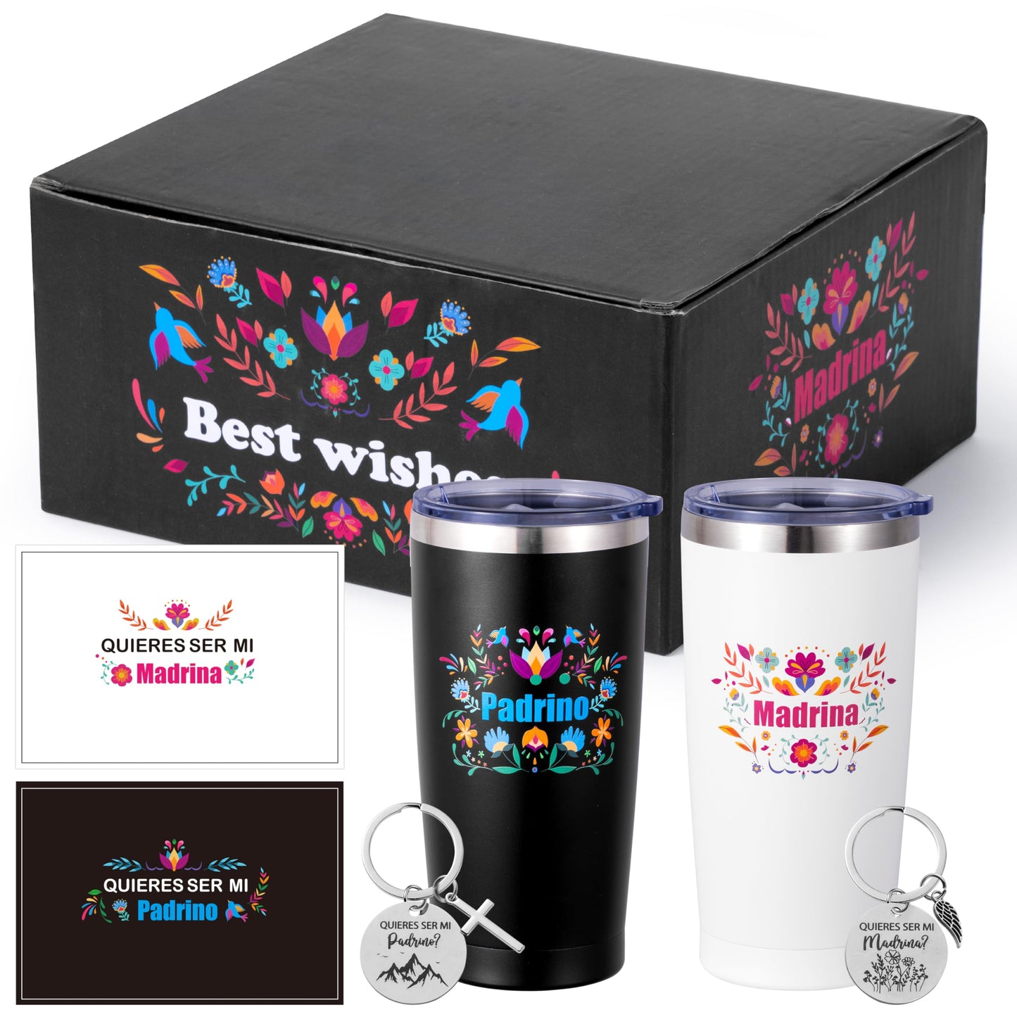 R HORSE Godparents Proposal Gift - Padrinos Madrina Proposal Gift 20oz Stainless Steel Insulated Tumbler Set with Keychain & Card, Christmas Baptism Birthday Gifts for Godmother Godfather In Spanish