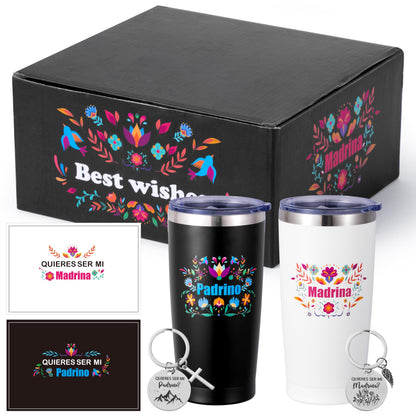 R HORSE Godparents Proposal Gift - Padrinos Madrina Proposal Gift 20oz Stainless Steel Insulated Tumbler Set with Keychain & Card, Christmas Baptism Birthday Gifts for Godmother Godfather In Spanish