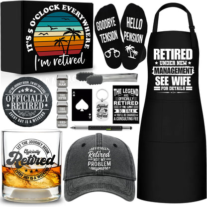 15 Pcs 2026 Retirement Gifts for Men Whiskey Glass Set, The Legend Has Retired, Funny Retired Supplies with 11 Oz Whisky Glass Coaster Stones Apron Baseball Cap Socks for Dad, Coworker, Boss, Grandpa