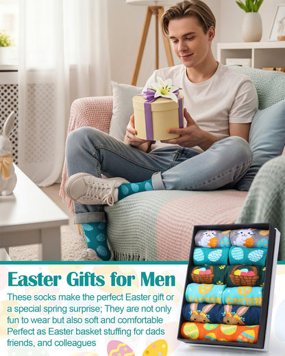 Eurzom 6 Pairs Funny Men's Easter Socks Bunny Eggs Pattern Crew Socks Spring Easter Basket Stuffers Gifts Size 7-12