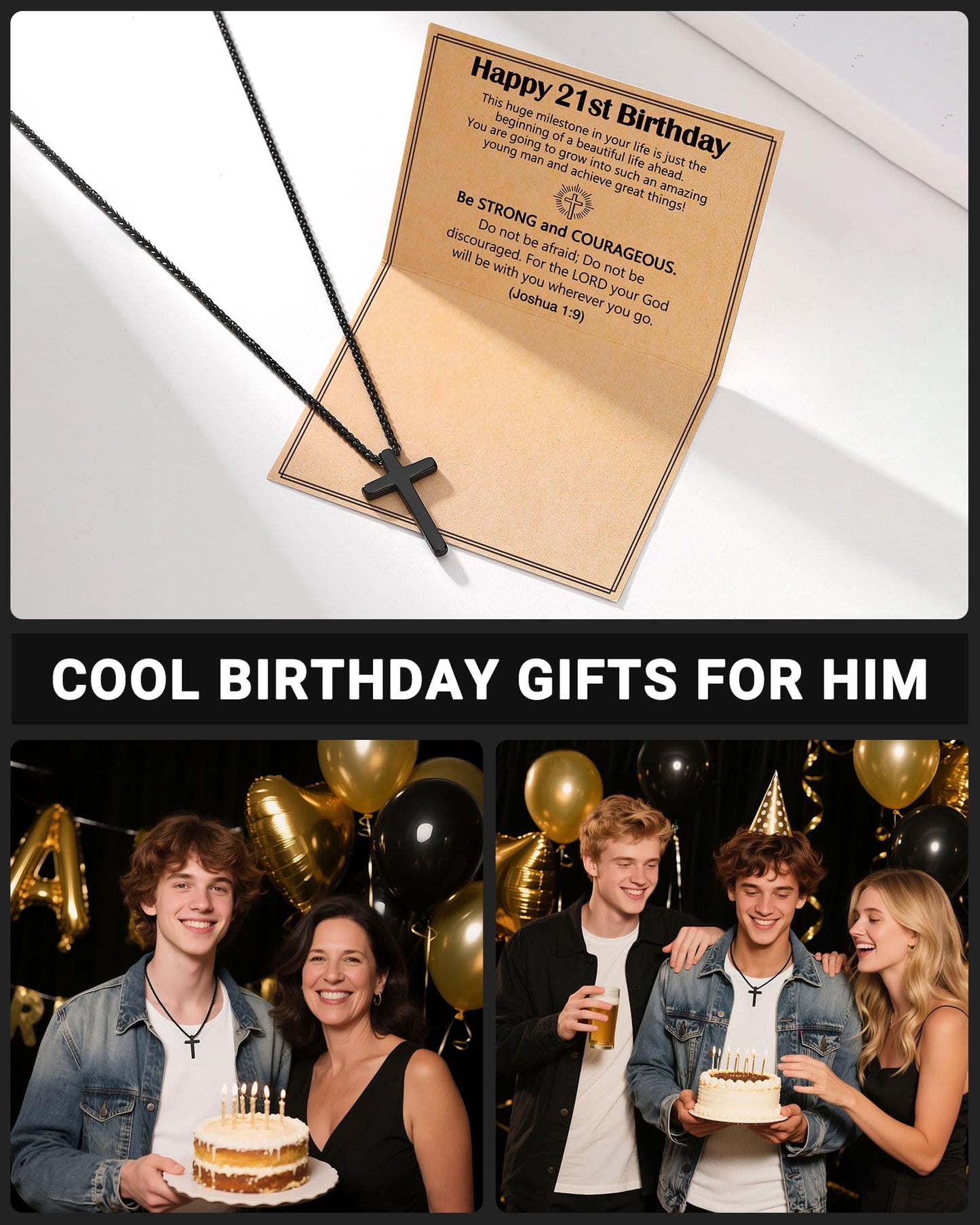 Birthday Gift Black Cross Necklace for Boys 8–21 Years Old with Joshua 1:9 Bible Verse