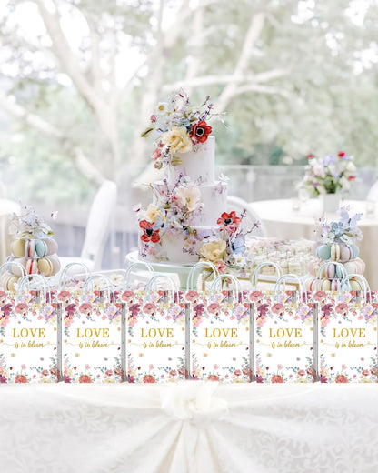 Tyndallrays 16 Pieces Love is in Bloom Floral Bridal Shower Gift Bags with Handles for Bridal Shower, Bachelorette, Wedding, Engagement Parties