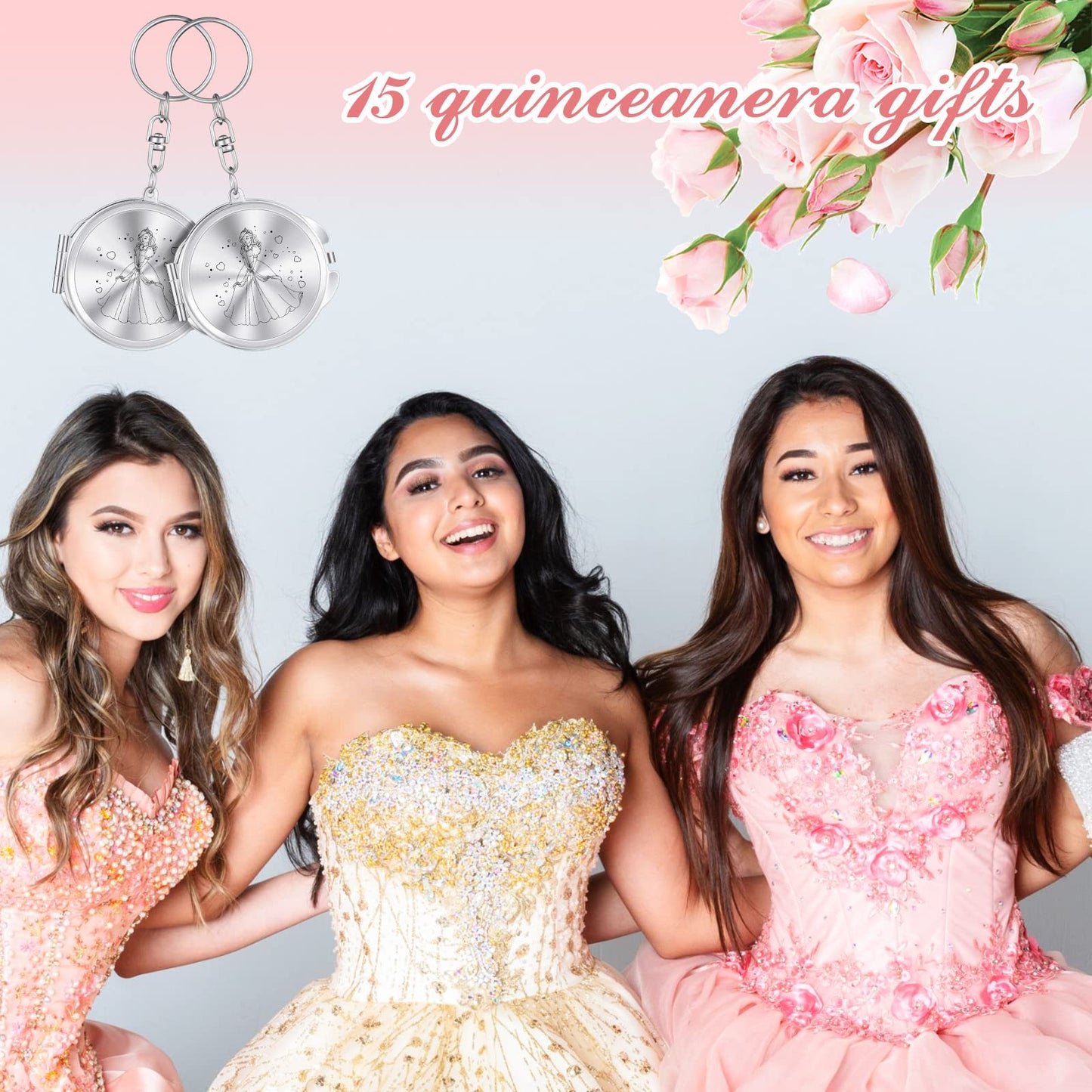 Nosiny 50 Sets Quinceanera Party Favor for Guests Silver Compact Mirror Keychain with White Organza Bag 15 Birthday Gift for Guest Princess Party Favor