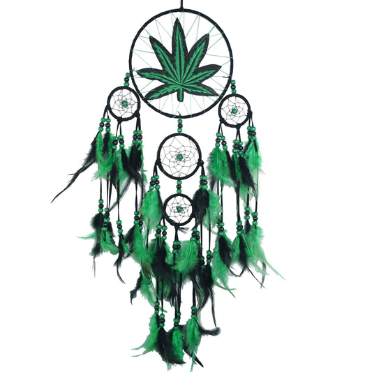 Green Leaf Weed Dream Catcher Wall Hanging Decor Bedroom Adult Living Room Home Bohemian Decorations (5 Rings)