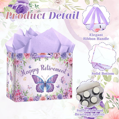 Purple Retirement Gift Bag for Women Butterfly Retirement Wrapping Paper Bag with Tissue Paper and Card Retired Gifts for Women Purple Retired Decorations Supplies for Going Away Farewell Party