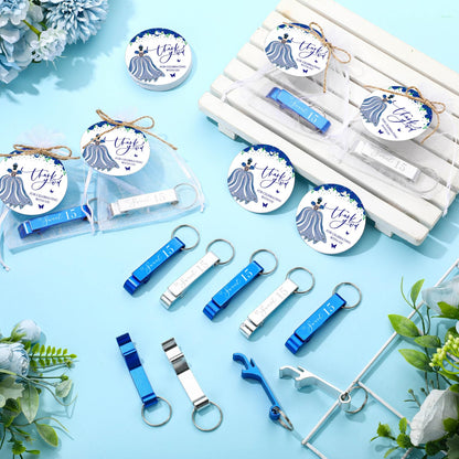 Dandat 50 Sets Quinceanera Party Favors for Guests Sweet 15 Bottle Opener Keychain with Thank You Cards Organza Bags Rope Quinceanera Gift for 15th Birthday Party Favor Guests (Blue,Silver)