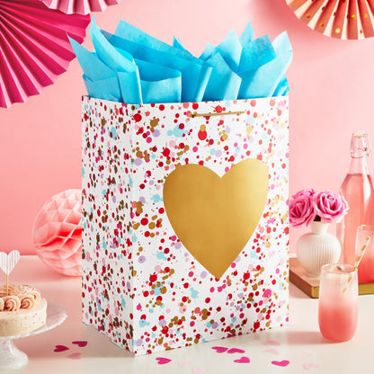 Hallmark 17" Extra Large Valentine's Day Gift Bag with Blue Tissue Paper (Gold Heart, Paint Splatters)