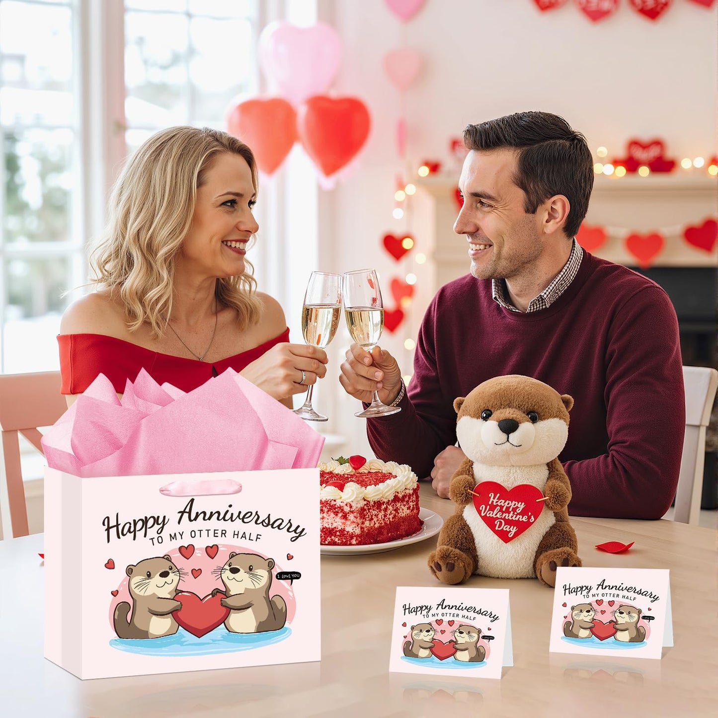 Anniversary Party Gift Bag Pink Wedding Gift Wrap Bag with Happy Anniversary Card and Wrapping Paper Cute Otter Couple Paper Bag for Him Her Women Men Valentine Anniversary Party Decorations Supplies