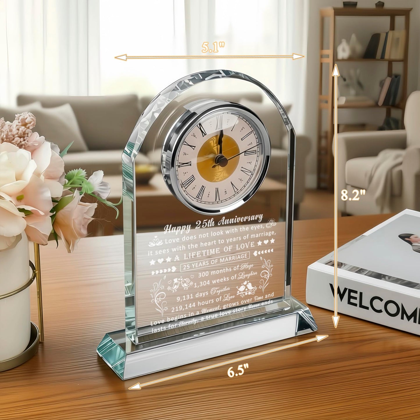 25th Wedding Anniversary Glass Quartz Clock Gifts for Women Men, 25 Year Anniversary Romantic Gift for Him Her, Silver Anniversary Clock Gifts for Couple, 25 Years of Marriage Gifts