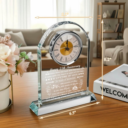 25th Wedding Anniversary Glass Quartz Clock Gifts for Women Men, 25 Year Anniversary Romantic Gift for Him Her, Silver Anniversary Clock Gifts for Couple, 25 Years of Marriage Gifts
