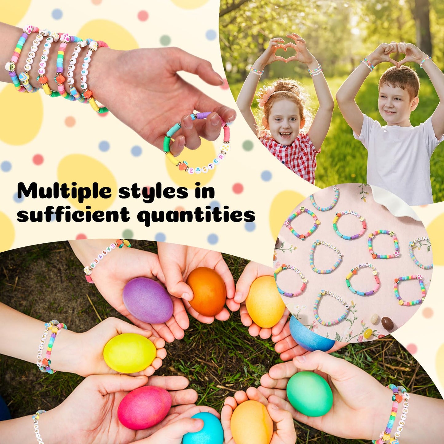 Landical 30 Pcs Easter Party Bracelets Gifts Bulk Easter Bunny Egg Carrot Polymer Clay Beaded Stretch Bracelets Bulk for Party Supplies Basket Stuffers Egg Fillers Gifts for Kids Easters Hunt