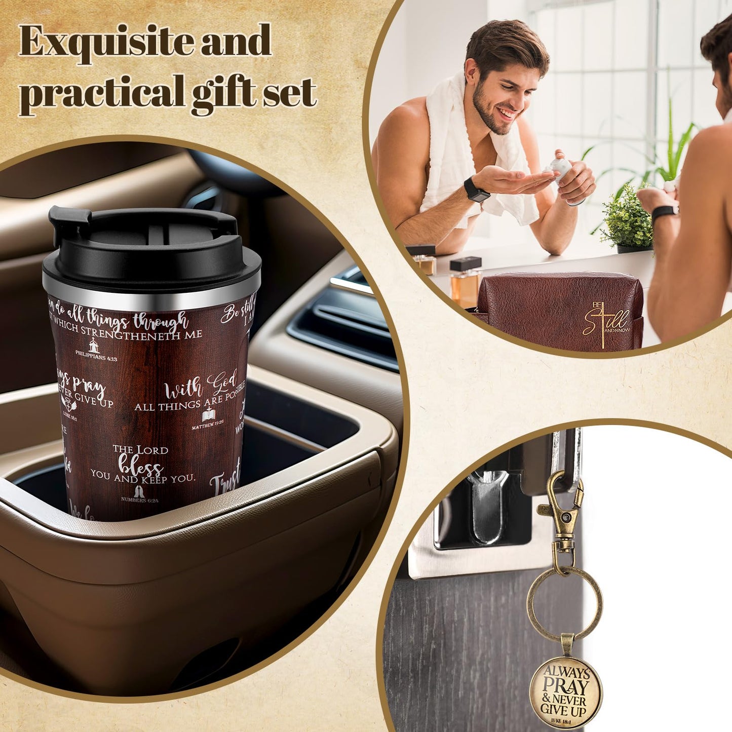 Roshtia 3 Pcs Christian Gifts for Men God Father Appreciation Gifts Bible Faith 20oz Stainless Steel Tumbler with Lid Straw Religious Leather Toiletry Bag Keychain for Birthday Father Day Dad Husband