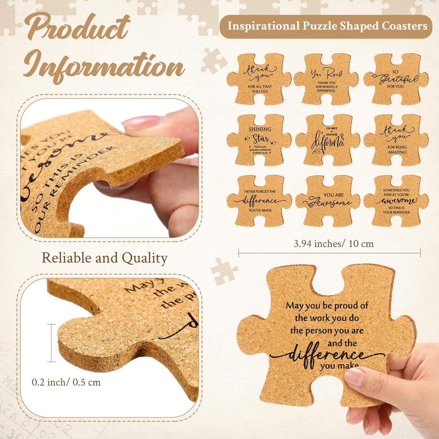 Hushee Inspirational Gift for Coworker Motivational Puzzle Piece Coasters Employee Appreciation Gifts with Cards Bags for Social Worker Staff Office(40 Pcs,10 Styles)