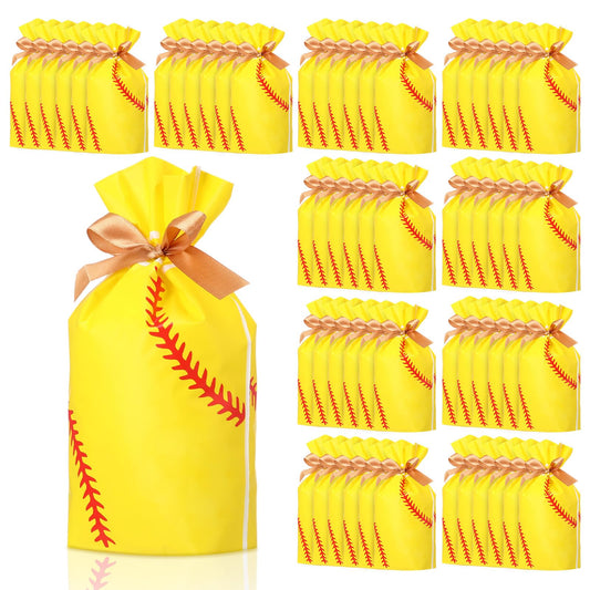 SilTriangle 50 Pcs Softball Party Gift Bags for Team Girls Plastic Softball Snack Bag Goodie Bags with Drawstring for Daughter's Game Party Supplies