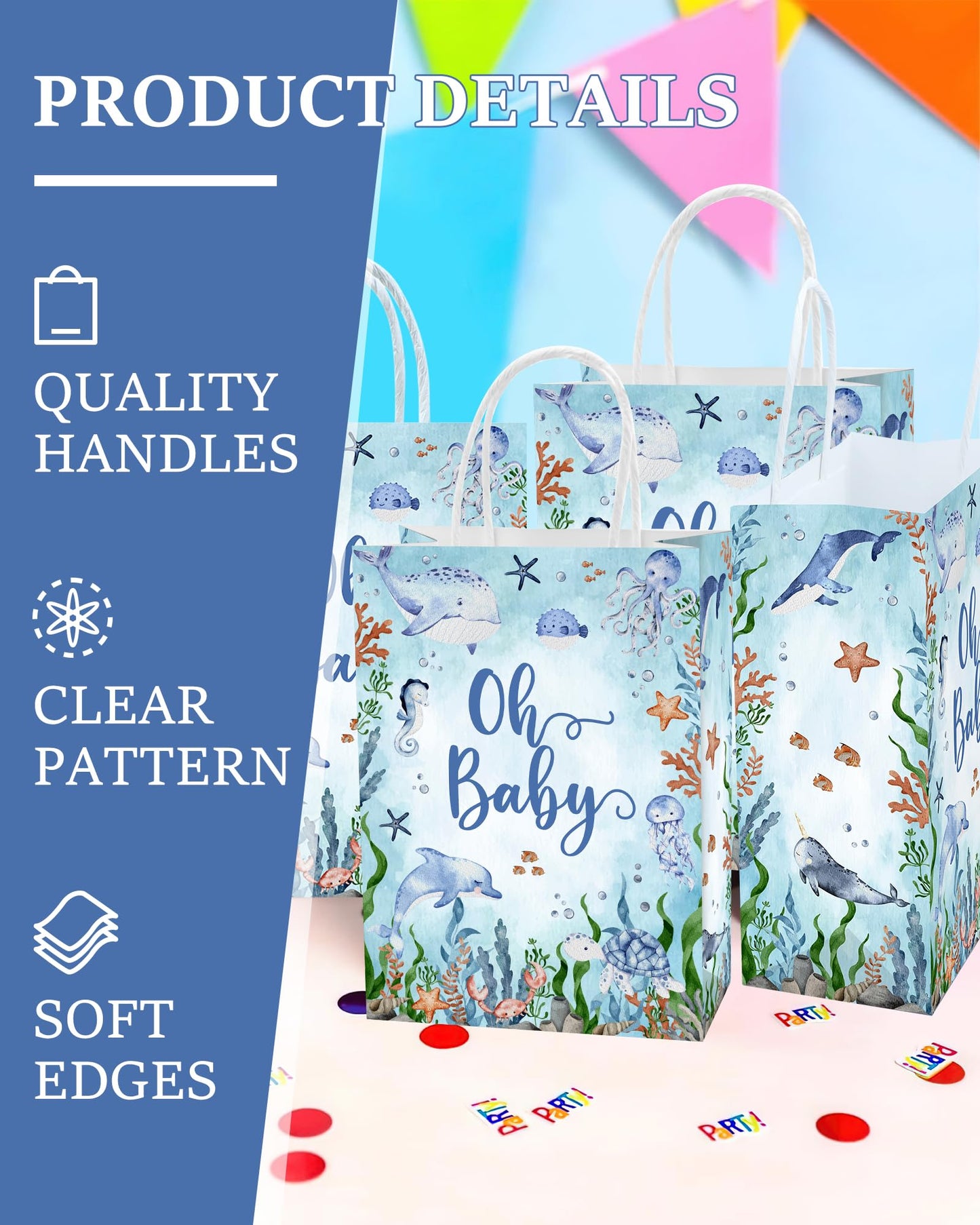 16Pcs Under the Sea Baby Shower Favor Bags - Party Favor Gift Snack Goodie Treat Candy Bags for Ocean Theme Baby Shower Decorations Supplies