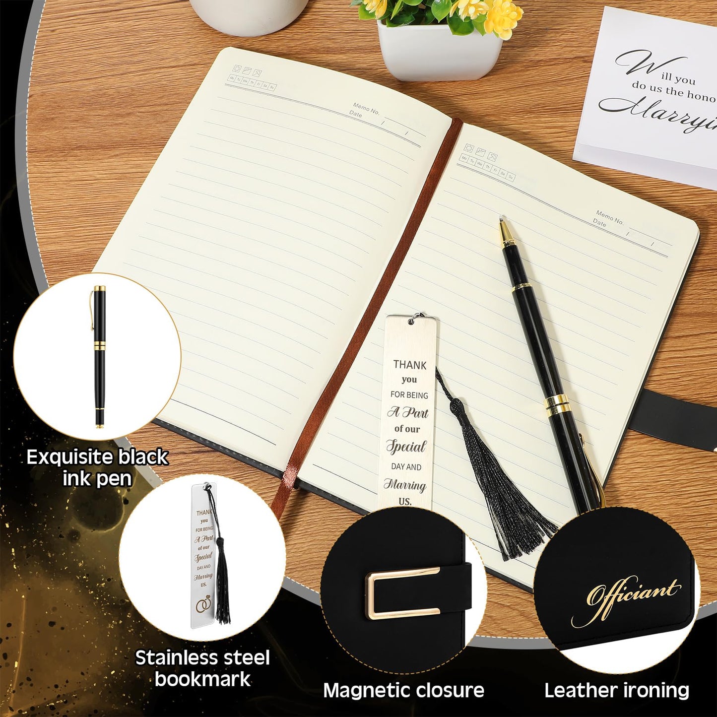 7 Pcs Officiant Gift Set Includes Leather Hardcover Proposal Officiant Book Black Ink Pen Thank You Card with Envelope and Sticker Bookmark Gift Box for Wedding(Black)