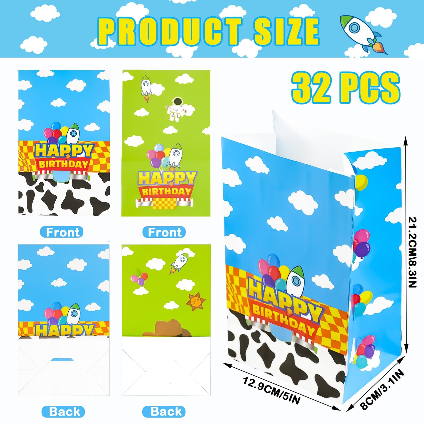 CHENRINDECO 32Pcs Cartoon Story Theme Gift Paper Bags with Stickers, Blue Sky White Clouds Small Rocket Party Candy Bags, Suitable for Cartoon Party Supplies