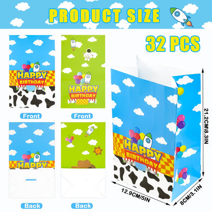 CHENRINDECO 32Pcs Cartoon Story Theme Gift Paper Bags with Stickers, Blue Sky White Clouds Small Rocket Party Candy Bags, Suitable for Cartoon Party Supplies