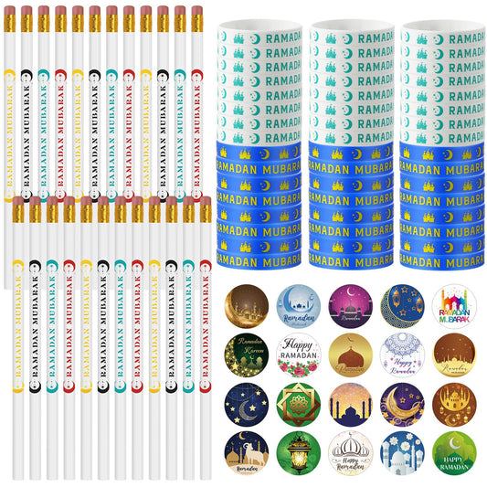 Mooliwe 496 Pcs Ramadan Gifts Eid Ramadan Pencil Wristband Sticker Set Including 48 Pencil 48 Wristband 400 Sticker for Mubarak Party Decorations Gifts(Classic)