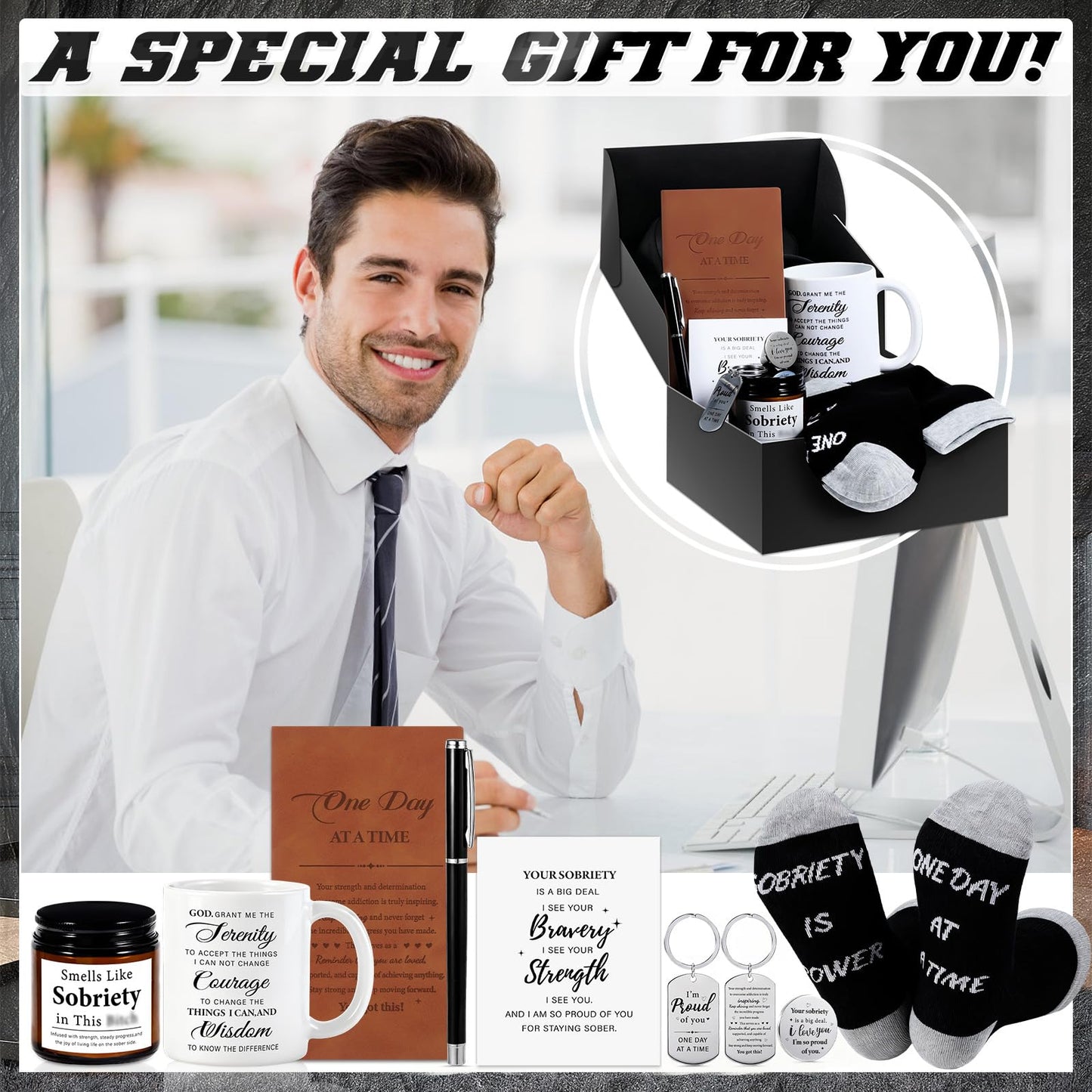 8 Pcs Sobriety Gifts for Men Women Sober Anniversary Present Set Alcoholics Anonymous Gifts Include Mug Socks Candle Journal Pen Sober Card Coin & Keychain Meaningful Sobriety Black Gift Box