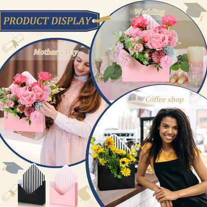 Outus 20 Pcs Floral Envelope Boxes for Graduation Empty Paper Flower Bouquet Envelop Paper Boxes Pink Black Stripe Florist Flower Bags for Gift Packaging Birthday Wedding Party