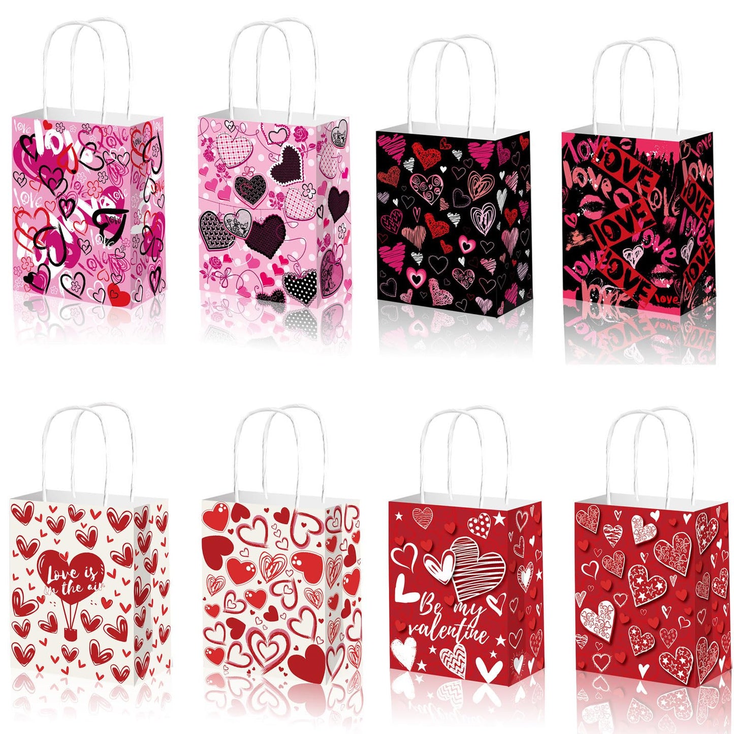 KIPETTO Valentines Gift Bags 12Pcs Valentines Day Paper Bags with Handles Love Heart Shaped Treat Goodies Bag for Valentines Day Party Favors Class Baggies Pouch