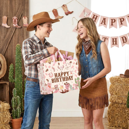 Wauprant Large Cowgirl Birthday Gift Bag for Girls Pink Wild West Western Happy Birthday Gift Bag with Wrapping Paper and Card for Girls First Rodeo Baby Shower Bachelorette Bday Party Supplies