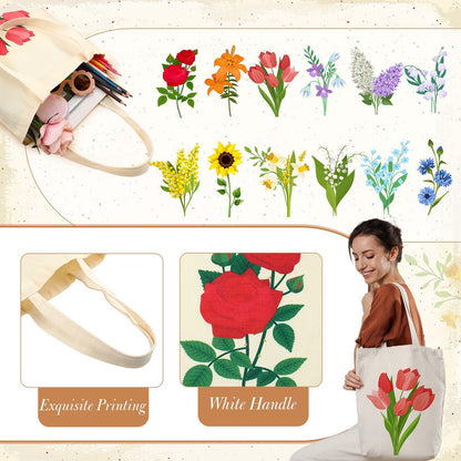 Shinylin 12 Pcs Floral Canvas Tote Bags Bulk Reusable Flower Tote Bags Book Club Gift Totes for Birthday Teacher Mother Women Gift (12 Classic Flowers)