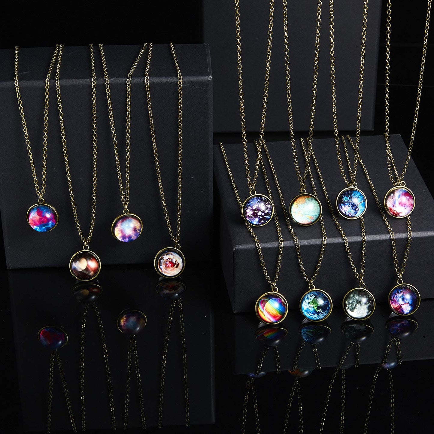 Yocoyee Galaxy Planet Pendant Necklace Glow in Dark Double Side Glass Crystal Ball Moon Earth Astronomy Universe Necklace Luminios Gemstone Necklace for Women Men Friends Gift
