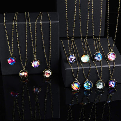 Yocoyee Galaxy Planet Pendant Necklace Glow in Dark Double Side Glass Crystal Ball Moon Earth Astronomy Universe Necklace Luminios Gemstone Necklace for Women Men Friends Gift