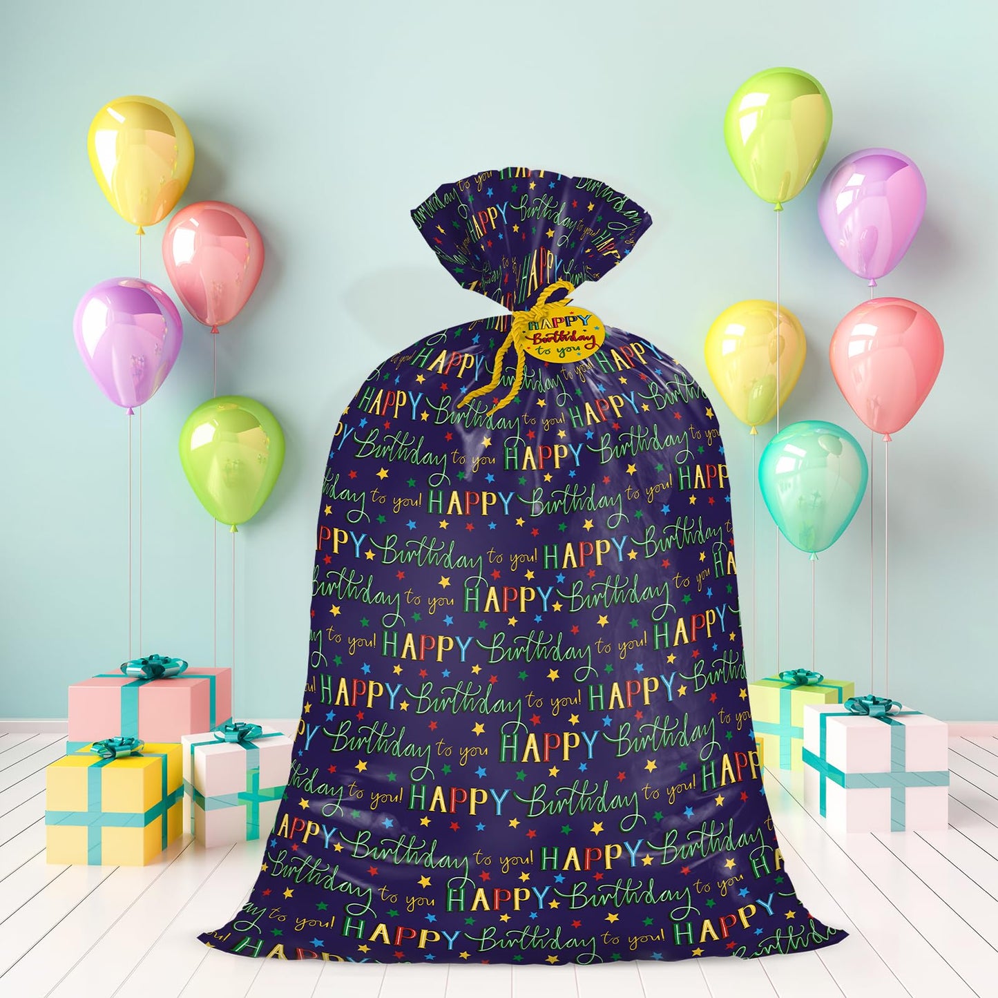WRAPAHOLIC 56" Large Birthday Plastic Gift Bag - Colorful Happy Birthday and Stars Jumbo Bike Bag Gift Wrap for Kids Birthdays, Parties, Celebrating - 56" H x 36" W