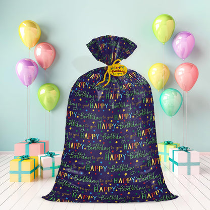 WRAPAHOLIC 56" Large Birthday Plastic Gift Bag - Colorful Happy Birthday and Stars Jumbo Bike Bag Gift Wrap for Kids Birthdays, Parties, Celebrating - 56" H x 36" W