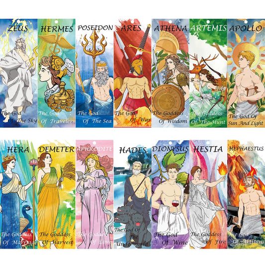 Greek Mythology Bookmarks, 14pcs Olympian Gods Bookmarks, Htabiol Greek Mythology Gifts, Olympian Gods Party Favors, Fit for Ancient Greece Classroom, Percy Jackson Party, Camp Half Blood Birthday