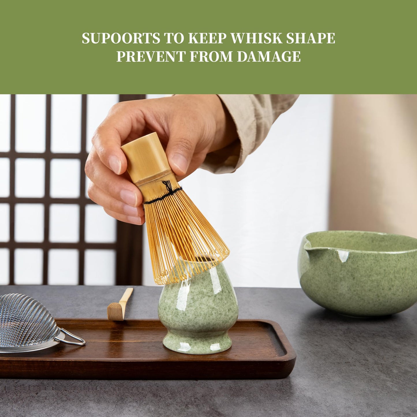 YIBO Matcha Whisk Set With Bowl, Ceramic Matcha Making Kit Includes Bamboo Whisk (Chasen), Holder Stand, Powder Starter Sifter, Scoop, Measuring Spoon & Cup Tea Tools For Ceremony (Mottled Green)