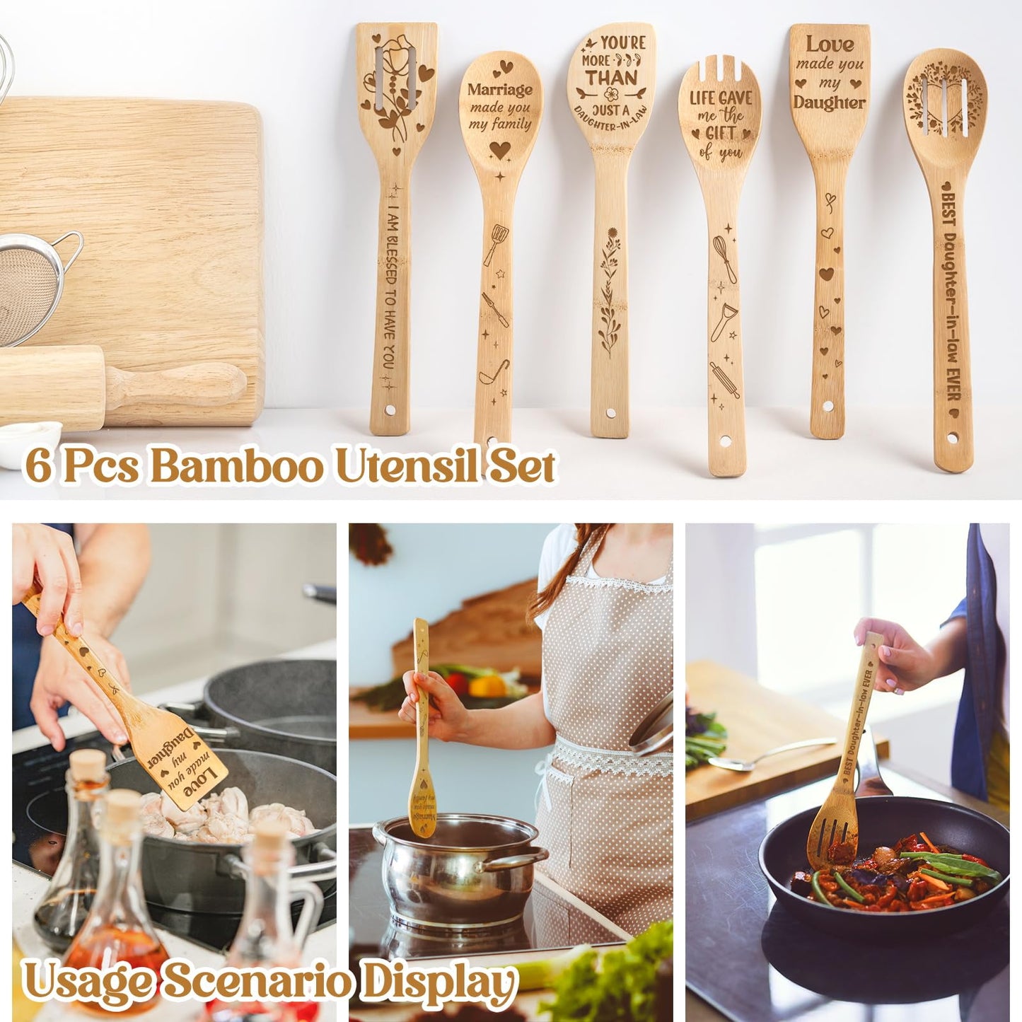 Mothers Day Gifts for Daughter in Law - Daughter in Law Themed Bamboo Spoons Set, Daughter in Law Birthday Gifts with Engraved Quotes, Idea Kitchen Spoons, Daughter in Law Birthday Gifts