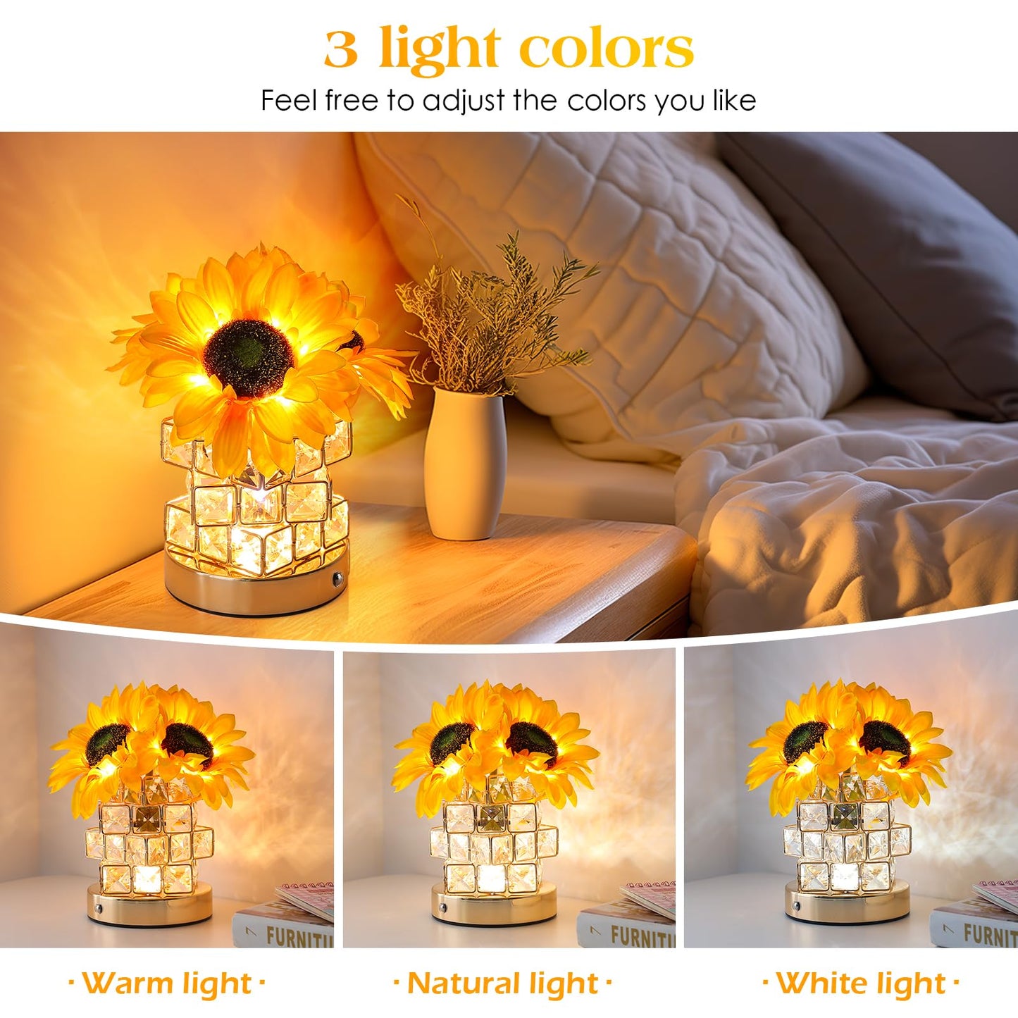 AMWGIMI Sunflowers Flower Lamp,Rechargeable Cordless Touch Table Lamp,3-Colour Infinitely Dimming Small Night Light,Festival Restaurant Bedroom Bar Coffee Shop Birthday Gifts for Women Mom